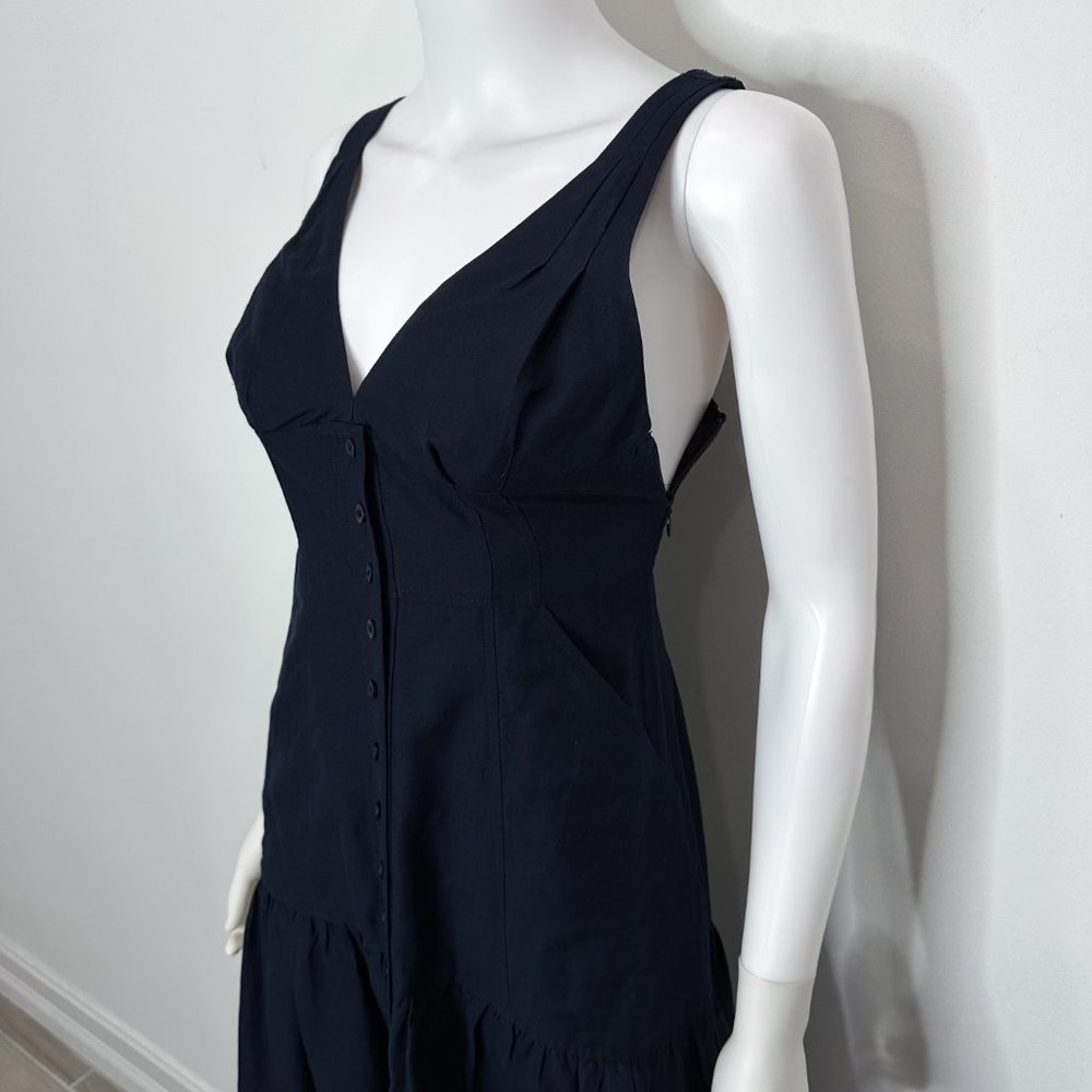 A.L.C. Jolie Silk & Linen Blend Tiered Button Front Midi Dress in Navy Blue Sz 2 - Picture 5 of 16